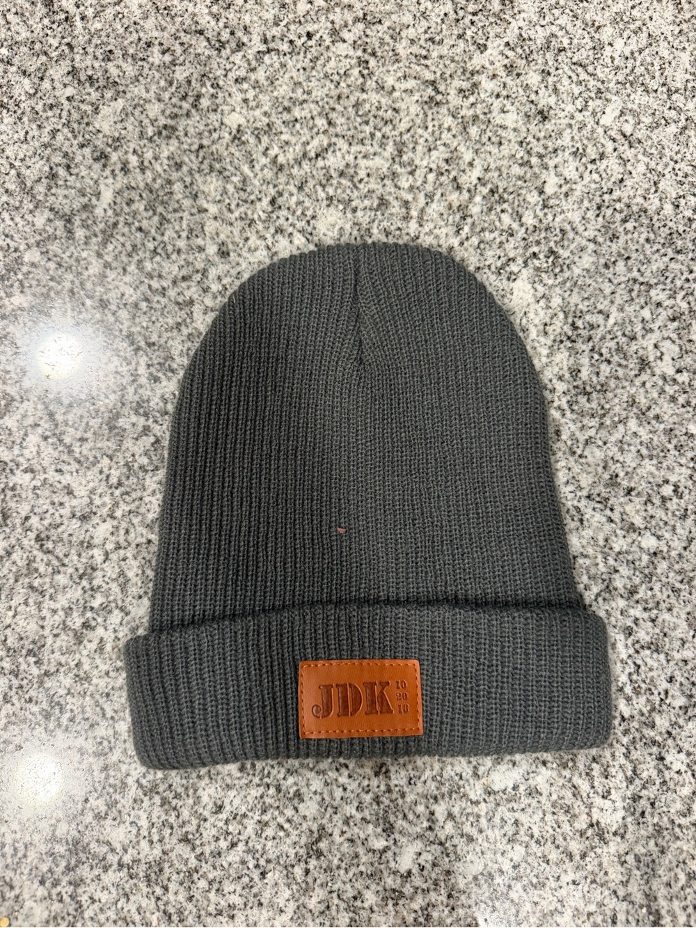 Dark Gray Ribbed Knit Beanie with Leather Patch